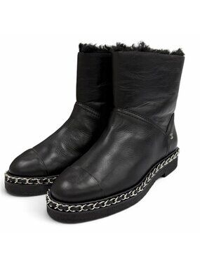 Chanel CC Logo Chain Decor Shearling Short Boots Black Silver